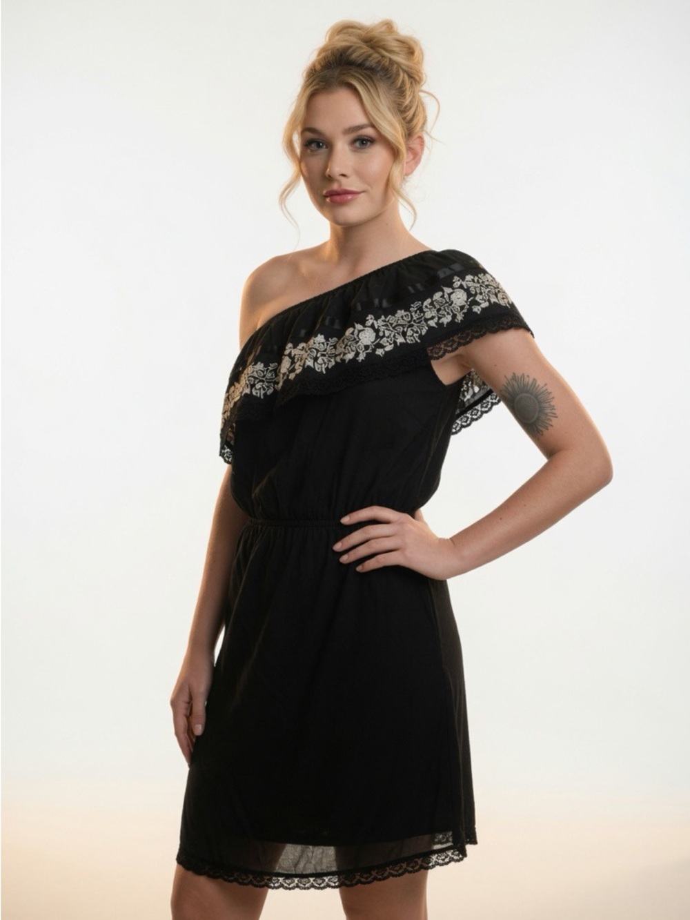 Sz S Authentic Ella Moss Isadora One Shoulder Black Dress 100% Cotton